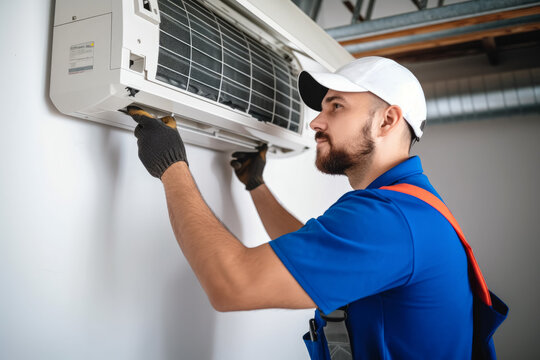 HVAC technician installing a mini split air conditioner in Long Beach