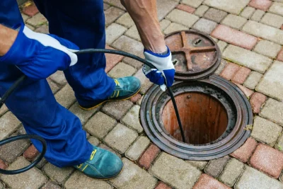 Plumber cleaning an outdoor sewer drain in Long Beach