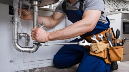 Plumber repairing pipes beneath a sink in Long Beach