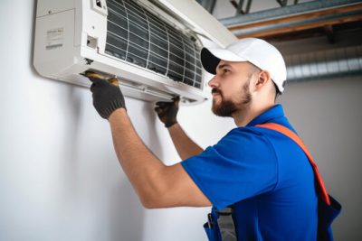 HVAC technician installing a mini split air conditioner in Long Beach